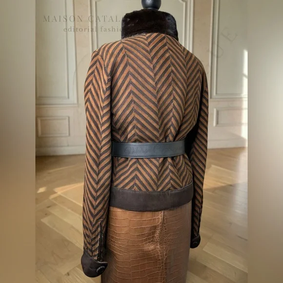 Dennis Basso Vintage Mink & Lamb Suede Shearling Chevron Piecework Jacket